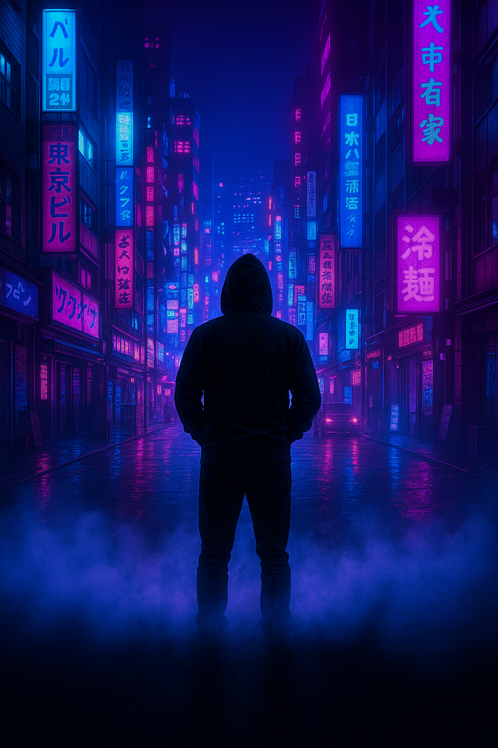 Hooded figure in neon-lit Tokyo city street